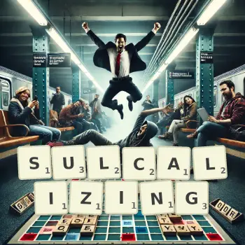 Creative illustration for a Scrabble game with the word SULCALIZING spelled out in tiles on the board.