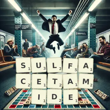 Creative illustration for a Scrabble game with the word SULFACETAMIDE spelled out in tiles on the board.