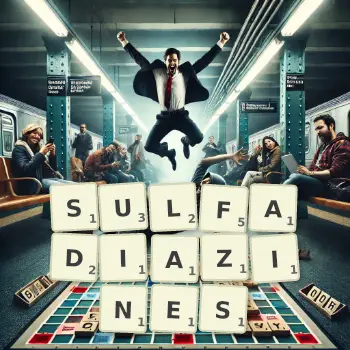 Creative illustration for a Scrabble game with the word SULFADIAZINES spelled out in tiles on the board.