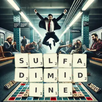 Creative illustration for a Scrabble game with the word SULFADIMIDINE spelled out in tiles on the board.