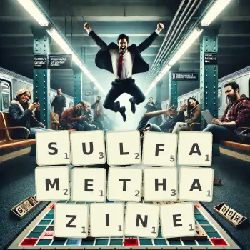 Creative illustration for a Scrabble game with the word SULFAMETHAZINE spelled out in tiles on the board.