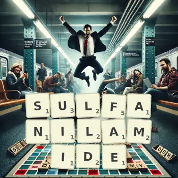 Creative illustration for a Scrabble game with the word SULFANILAMIDE spelled out in tiles on the board.