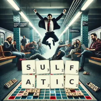 Creative illustration for a Scrabble game with the word SULFATIC spelled out in tiles on the board.