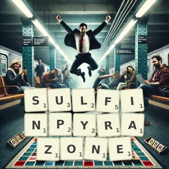 Creative illustration for a Scrabble game with the word SULFINPYRAZONE spelled out in tiles on the board.