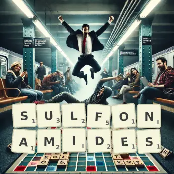 Creative illustration for a Scrabble game with the word SULFONAMIDES spelled out in tiles on the board.