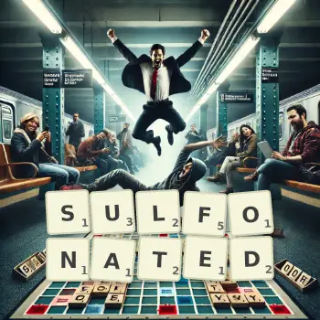 Creative illustration for a Scrabble game with the word SULFONATED spelled out in tiles on the board.