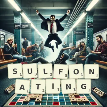 Creative illustration for a Scrabble game with the word SULFONATING spelled out in tiles on the board.