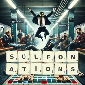 Creative illustration for a Scrabble game with the word SULFONATIONS spelled out in tiles on the board.
