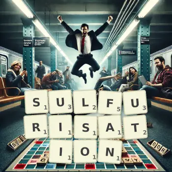 Creative illustration for a Scrabble game with the word SULFURISATION spelled out in tiles on the board.
