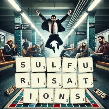 Creative illustration for a Scrabble game with the word SULFURISATIONS spelled out in tiles on the board.