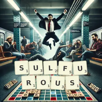 Creative illustration for a Scrabble game with the word SULFUROUS spelled out in tiles on the board.