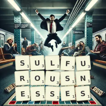 Creative illustration for a Scrabble game with the word SULFUROUSNESSES spelled out in tiles on the board.