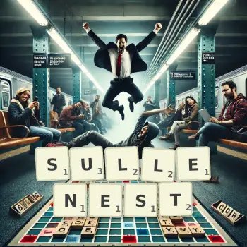 Creative illustration for a Scrabble game with the word SULLENEST spelled out in tiles on the board.