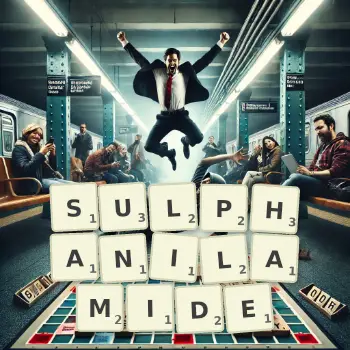 Creative illustration for a Scrabble game with the word SULPHANILAMIDE spelled out in tiles on the board.