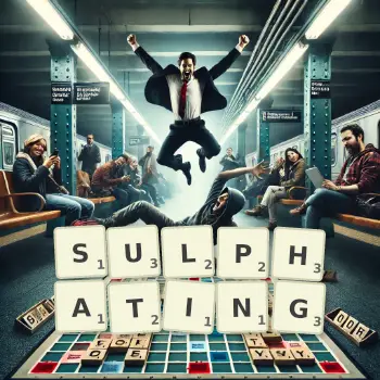 Creative illustration for a Scrabble game with the word SULPHATING spelled out in tiles on the board.