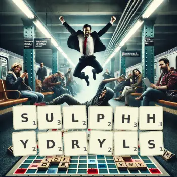 Creative illustration for a Scrabble game with the word SULPHHYDRYLS spelled out in tiles on the board.