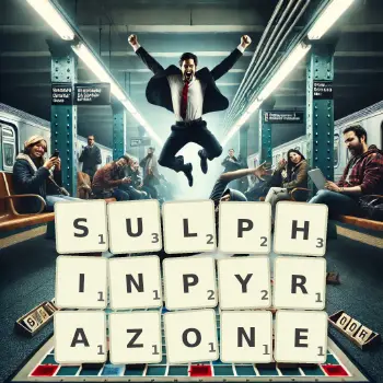 Creative illustration for a Scrabble game with the word SULPHINPYRAZONE spelled out in tiles on the board.