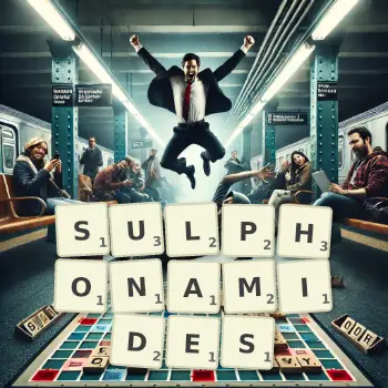 Creative illustration for a Scrabble game with the word SULPHONAMIDES spelled out in tiles on the board.