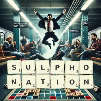 Creative illustration for a Scrabble game with the word SULPHONATION spelled out in tiles on the board.