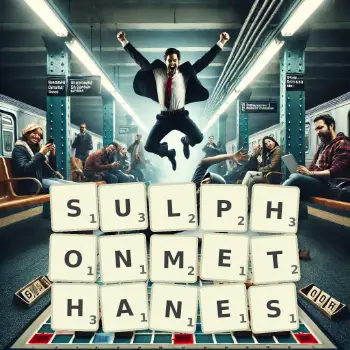 Creative illustration for a Scrabble game with the word SULPHONMETHANES spelled out in tiles on the board.