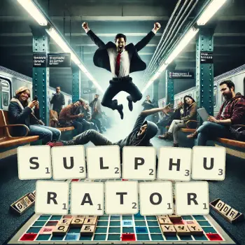 Creative illustration for a Scrabble game with the word SULPHURATOR spelled out in tiles on the board.