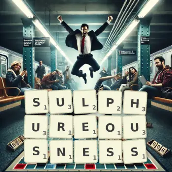 Creative illustration for a Scrabble game with the word SULPHUREOUSNESS spelled out in tiles on the board.