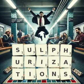 Creative illustration for a Scrabble game with the word SULPHURIZATIONS spelled out in tiles on the board.