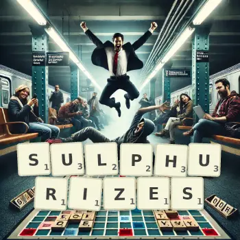 Creative illustration for a Scrabble game with the word SULPHURIZES spelled out in tiles on the board.