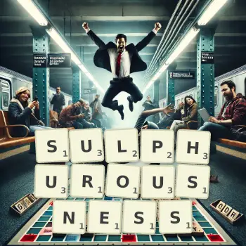 Creative illustration for a Scrabble game with the word SULPHUROUSNESS spelled out in tiles on the board.