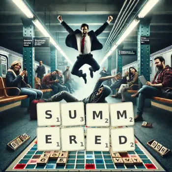 Creative illustration for a Scrabble game with the word SUMMERED spelled out in tiles on the board.