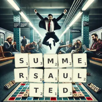 Creative illustration for a Scrabble game with the word SUMMERSAULTED spelled out in tiles on the board.