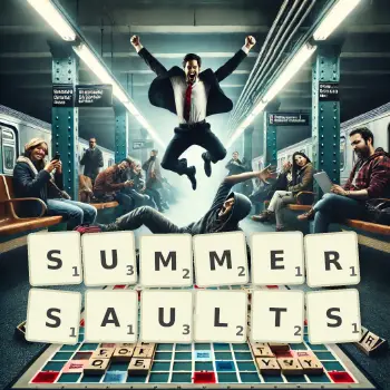 Creative illustration for a Scrabble game with the word SUMMERSAULTS spelled out in tiles on the board.