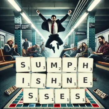 Creative illustration for a Scrabble game with the word SUMPHISHNESSES spelled out in tiles on the board.