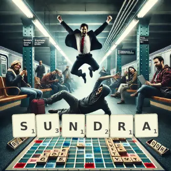 Creative illustration for a Scrabble game with the word SUNDRA spelled out in tiles on the board.