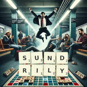 Creative illustration for a Scrabble game with the word SUNDRILY spelled out in tiles on the board.