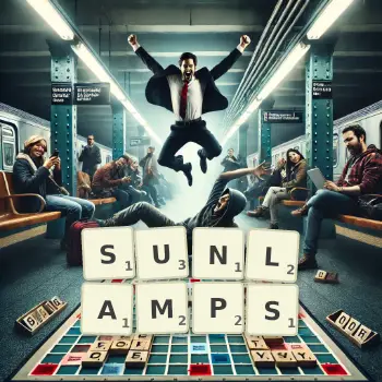 Creative illustration for a Scrabble game with the word SUNLAMPS spelled out in tiles on the board.