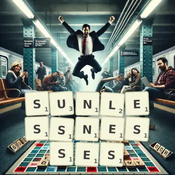 Creative illustration for a Scrabble game with the word SUNLESSNESSES spelled out in tiles on the board.