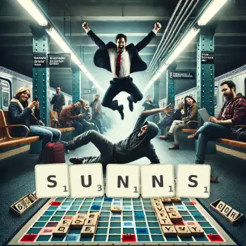 Creative illustration for a Scrabble game with the word SUNNS spelled out in tiles on the board.