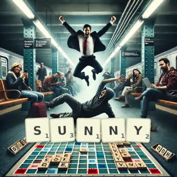 Creative illustration for a Scrabble game with the word SUNNY spelled out in tiles on the board.