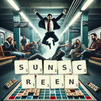 Creative illustration for a Scrabble game with the word SUNSCREEN spelled out in tiles on the board.