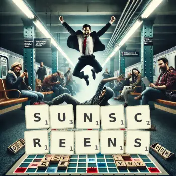 Creative illustration for a Scrabble game with the word SUNSCREENS spelled out in tiles on the board.