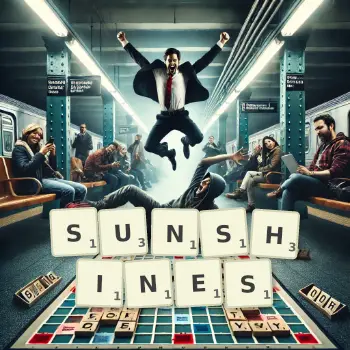 Creative illustration for a Scrabble game with the word SUNSHINES spelled out in tiles on the board.