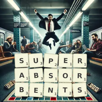 Creative illustration for a Scrabble game with the word SUPERABSORBENTS spelled out in tiles on the board.