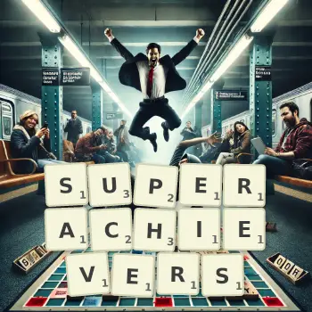 Creative illustration for a Scrabble game with the word SUPERACHIEVERS spelled out in tiles on the board.