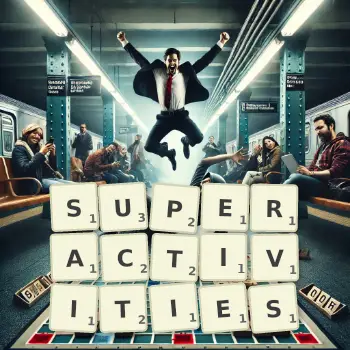 Creative illustration for a Scrabble game with the word SUPERACTIVITIES spelled out in tiles on the board.