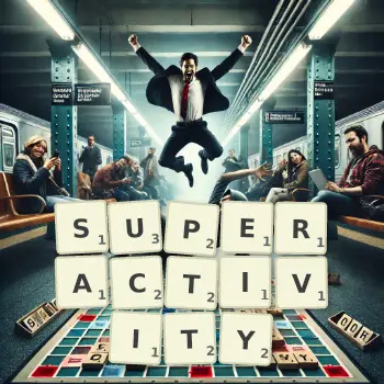 Creative illustration for a Scrabble game with the word SUPERACTIVITY spelled out in tiles on the board.
