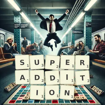 Creative illustration for a Scrabble game with the word SUPERADDITION spelled out in tiles on the board.