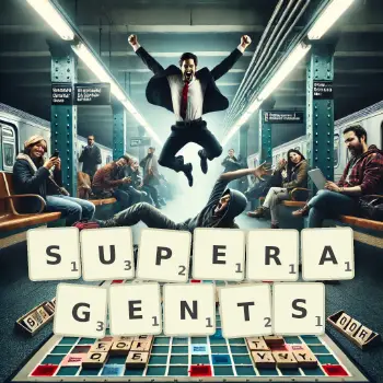 Creative illustration for a Scrabble game with the word SUPERAGENTS spelled out in tiles on the board.