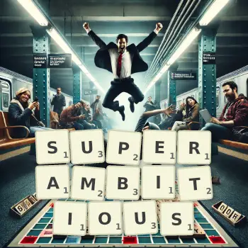 Creative illustration for a Scrabble game with the word SUPERAMBITIOUS spelled out in tiles on the board.