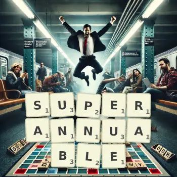 Creative illustration for a Scrabble game with the word SUPERANNUABLE spelled out in tiles on the board.